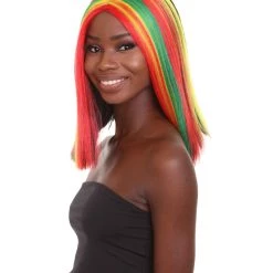 HPO Women's Shoulder Length Celebrity Ghana Pride Wig - Red Gold And Green Hair - Capless Cap Design