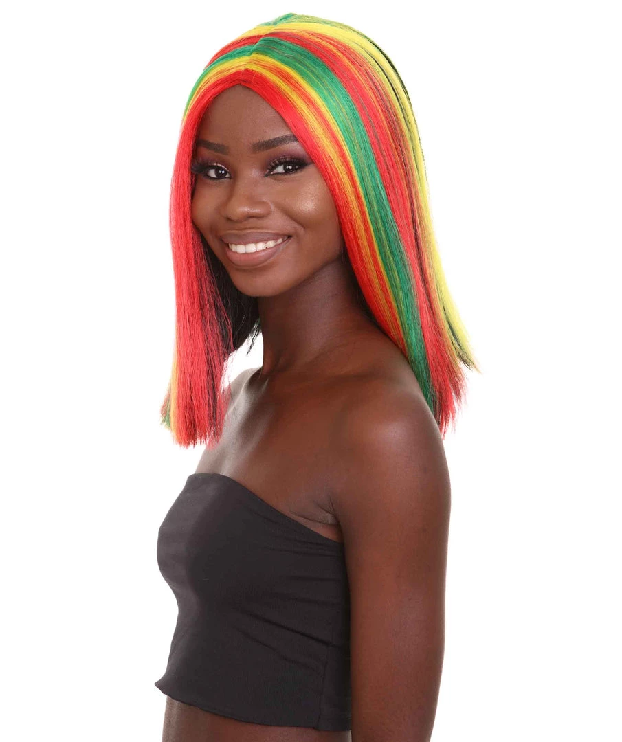 HPO Women's Shoulder Length Celebrity Ghana Pride Wig - Red Gold And Green Hair - Capless Cap Design