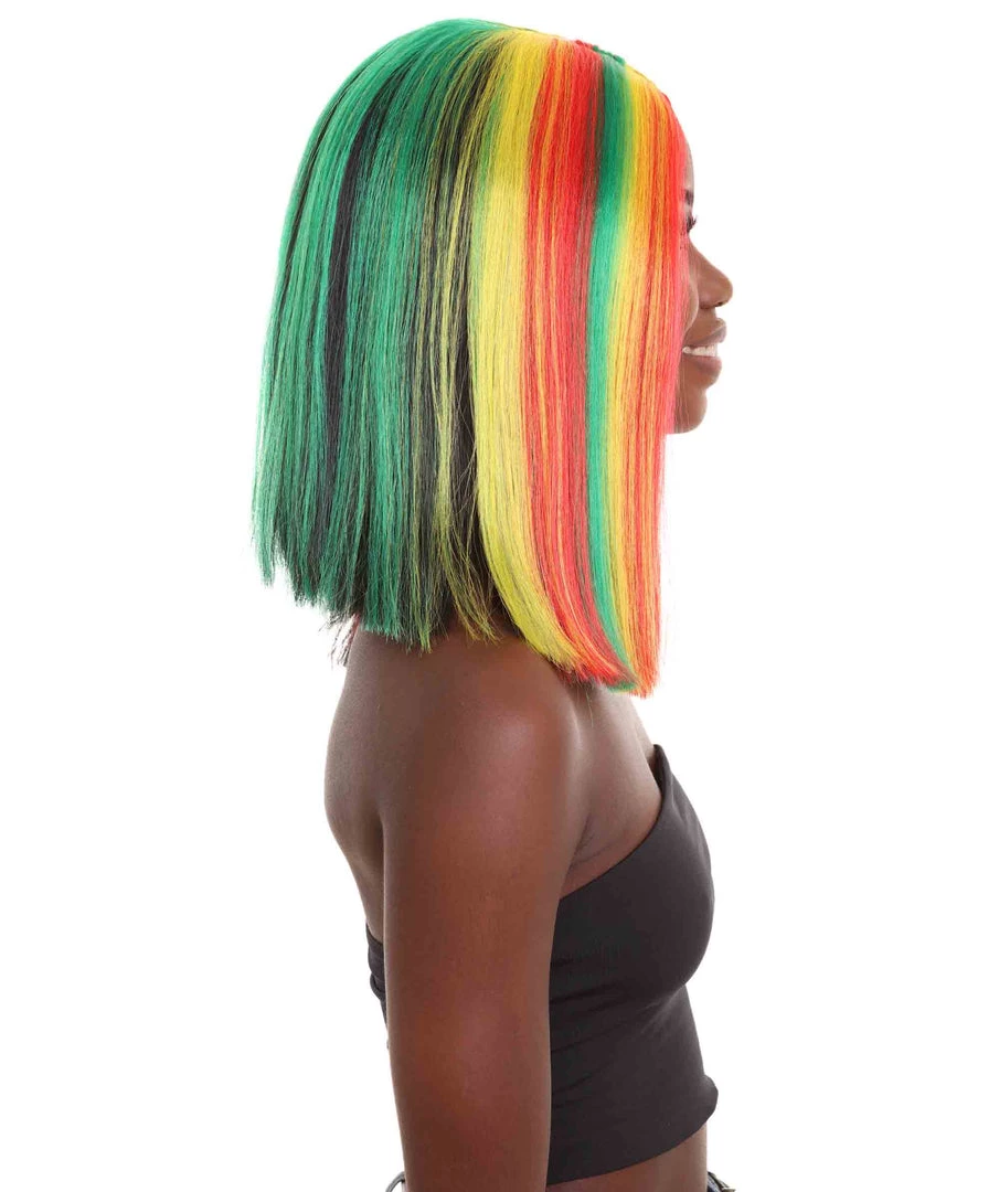 HPO Women's Shoulder Length Celebrity Ghana Pride Wig - Red Gold And Green Hair - Capless Cap Design