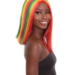 HPO Women's Shoulder Length Celebrity Ghana Pride Wig - Red Gold And Green Hair - Capless Cap Design