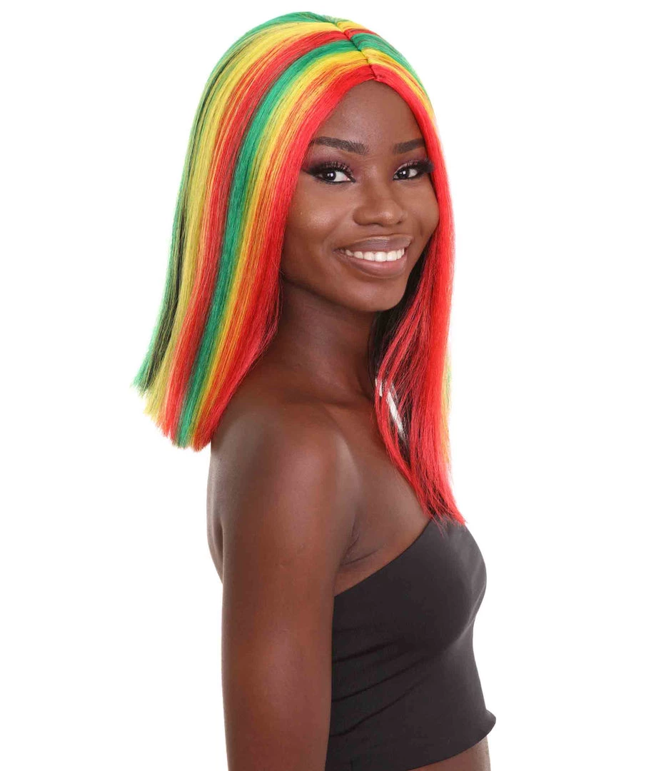 HPO Women's Shoulder Length Celebrity Ghana Pride Wig - Red Gold And Green Hair - Capless Cap Design