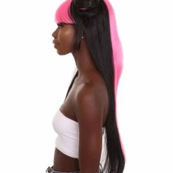 HPO Women's Pinned Up Double Bun China Doll Rapper Wig - Electric Pink And Black Hair - Capless Cap Design