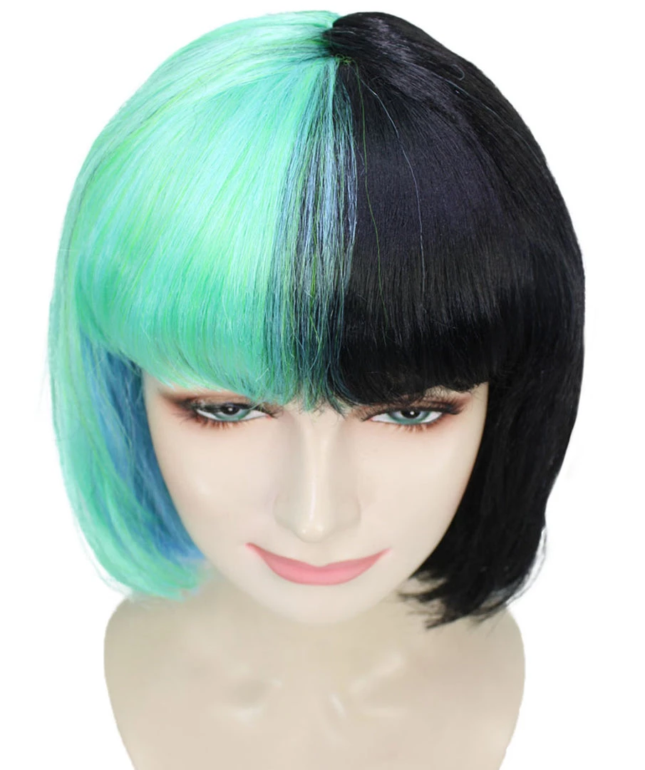 HPO Women's Shoulder Length Contrasting Two Tone Artist Wig - Soft Mint Green And Jet Black Hair - Capless Cap Design