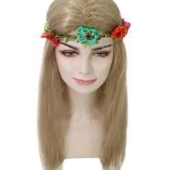 HPO Queen Of Cats | Blonde Hippy Wig With Flower Crown | Premium Halloween Wig