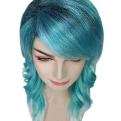 BC Women's Teal Color Wavy Medium Length Trendy Aquatic Princess Wig