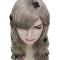 HPO Spider Web Wig | Women's Shoulder Length Witches Spider Web Wig - Long Wavy Grey Hair - With Scary Black Spiders