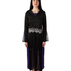 HPO Adult Women’s Hooded Purple & Black Witch Costume With Metal Pentagram Belt