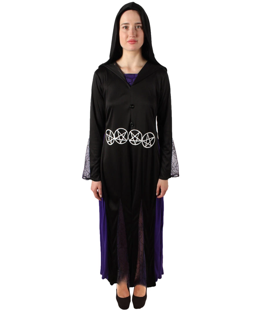 HPO Adult Women’s Hooded Purple & Black Witch Costume With Metal Pentagram Belt