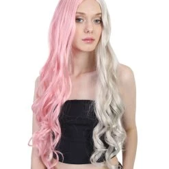 HPO Super Long Women's Wig | Curly Half Light Pink And Blonde Wig | Premium Breathable Capless Cap