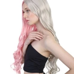 HPO Super Long Women's Wig | Curly Half Light Pink And Blonde Wig | Premium Breathable Capless Cap