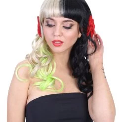 HPO Singer Womens Long Curly Wig | W/ Small Red Bows, Black, Green, & Blonde Celebrity Wig | Premium Breathable Capless Cap Men's