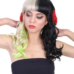 HPO Singer Womens Long Curly Wig | W/ Small Red Bows, Black, Green, & Blonde Celebrity Wig | Premium Breathable Capless Cap Men's