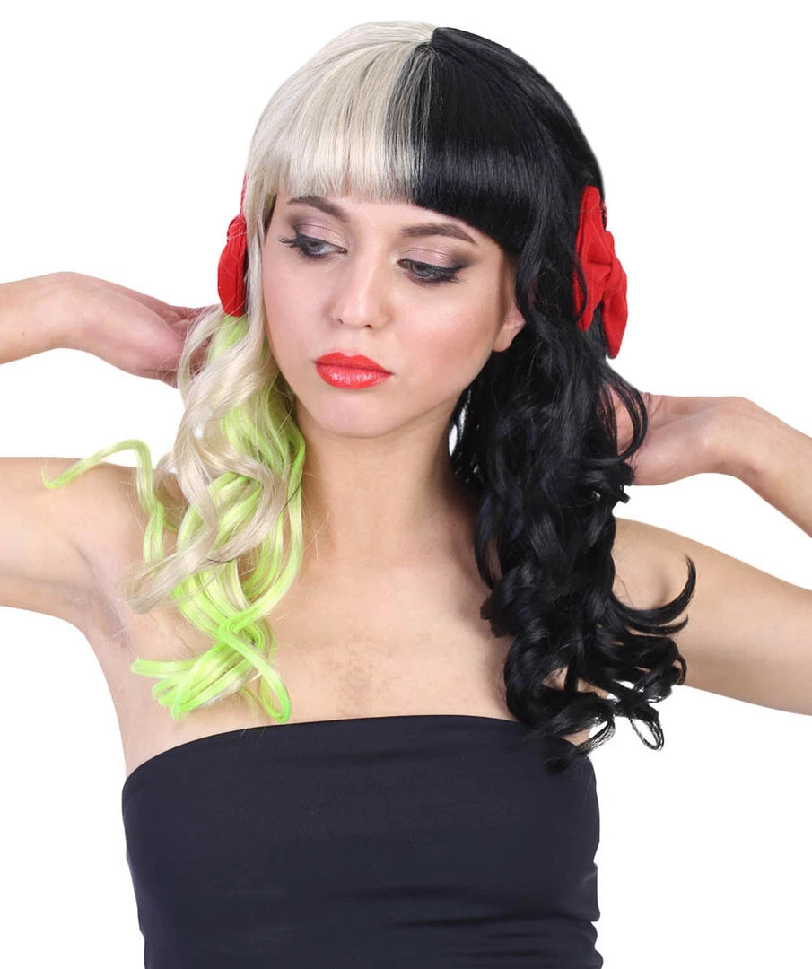 HPO Singer Womens Long Curly Wig | W/ Small Red Bows, Black, Green, & Blonde Celebrity Wig | Premium Breathable Capless Cap Men's