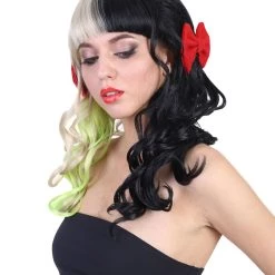 HPO Singer Womens Long Curly Wig | W/ Small Red Bows, Black, Green, & Blonde Celebrity Wig | Premium Breathable Capless Cap Men's