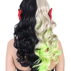 HPO Singer Womens Long Curly Wig | W/ Small Red Bows, Black, Green, & Blonde Celebrity Wig | Premium Breathable Capless Cap Men's