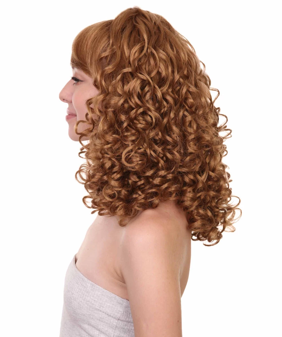 HPO Women's Womens Rockabilly Long And Curly Brown Wig | Country Girl Vintage Wigs | Premium Breathable Capless Cap