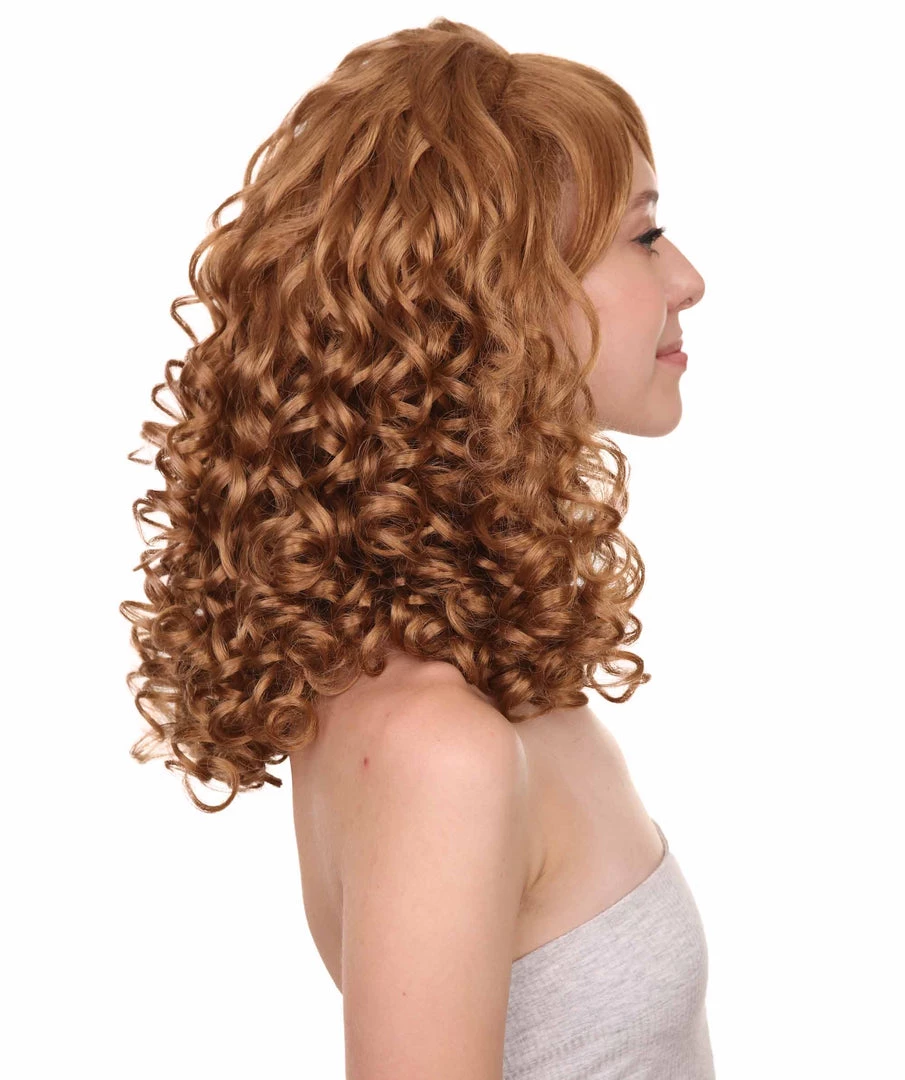 HPO Women's Womens Rockabilly Long And Curly Brown Wig | Country Girl Vintage Wigs | Premium Breathable Capless Cap