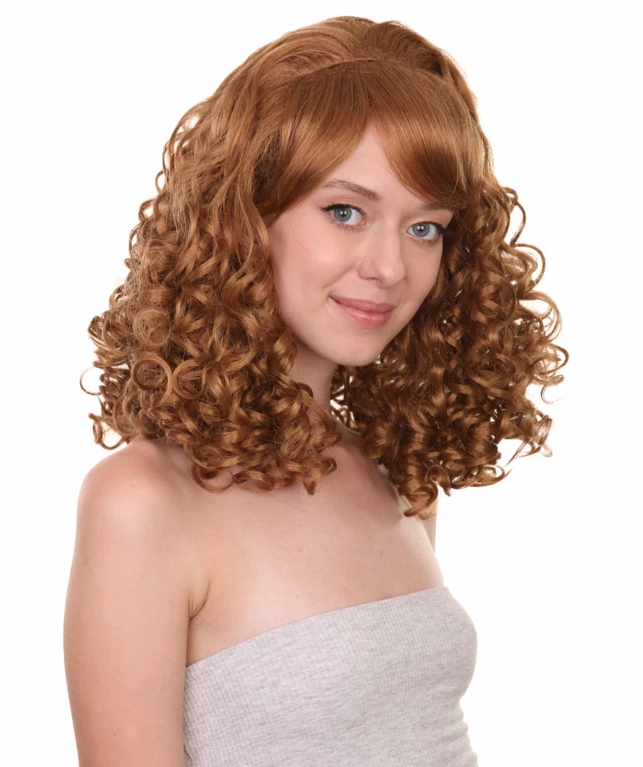 HPO Women's Womens Rockabilly Long And Curly Brown Wig | Country Girl Vintage Wigs | Premium Breathable Capless Cap