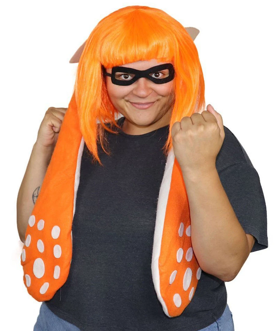 HPO Womens Inkling Girl Wig And Ears With Mask Set | Video Game Wigs | Premium Breathable Capless Cap