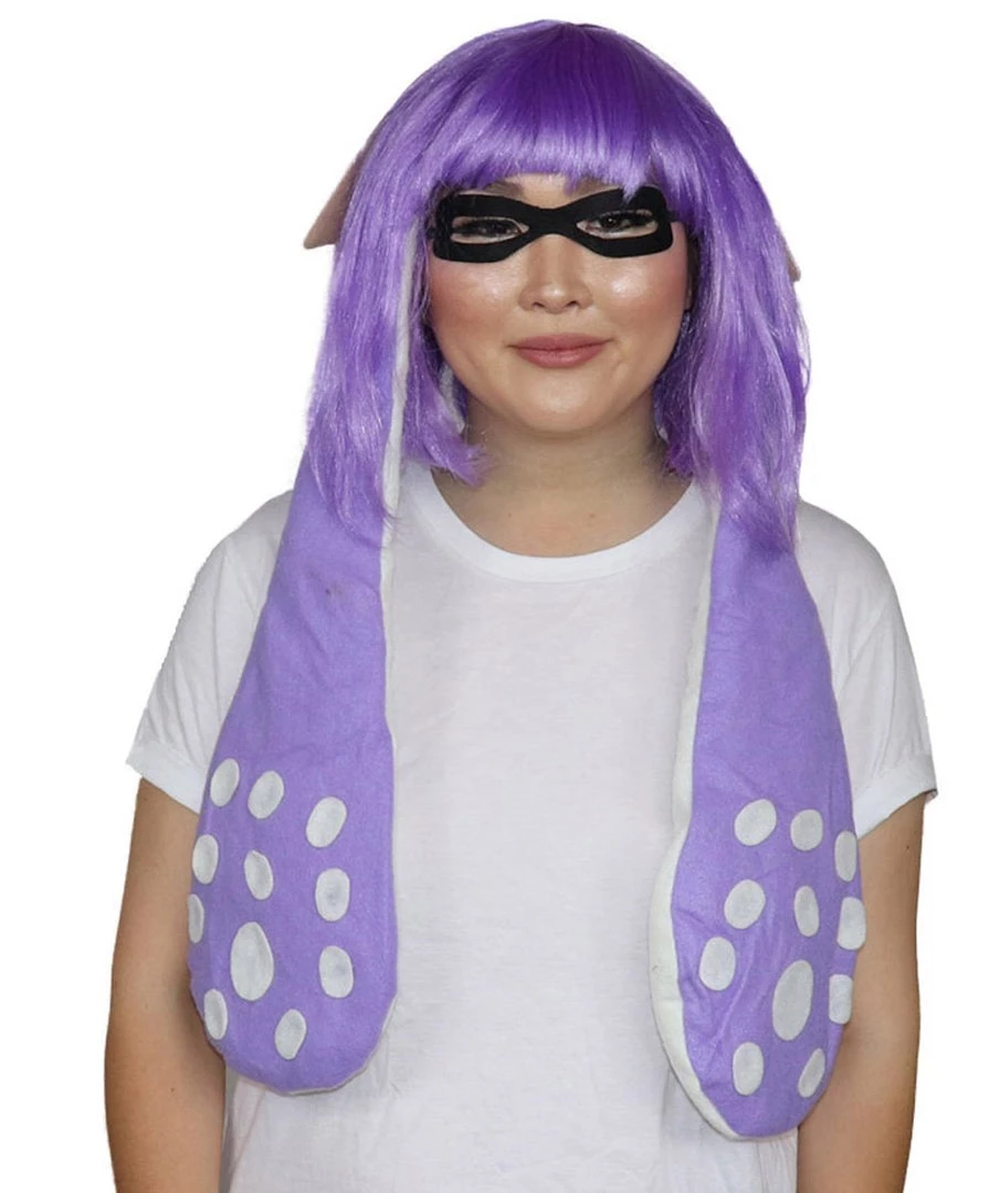HPO Womens Inkling Girl Wig And Ears With Mask Set | Video Game Wigs | Premium Breathable Capless Cap