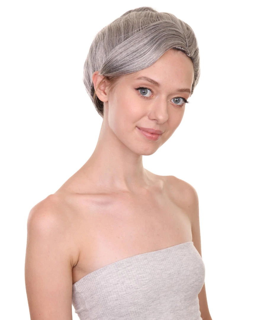 HPO Women's Womens Witch Wig | Silver Grandma With Bun Wig | Premium Breathable Capless Cap