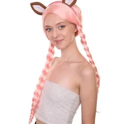 HPO Womens Doll With Ears Wig | Coral Pink Party Ready Fancy Cosplay Halloween Wig | Premium Breathable Capless Cap Women's