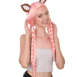 HPO Womens Doll With Ears Wig | Coral Pink Party Ready Fancy Cosplay Halloween Wig | Premium Breathable Capless Cap Women's
