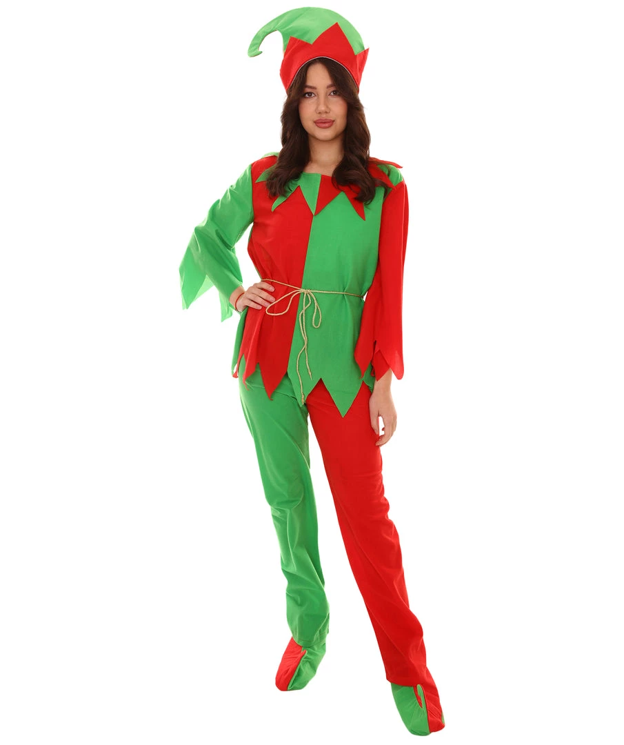 HPO Adult Women's Ladies' Elf Xmas Costume | Red And Green Halloween Costume