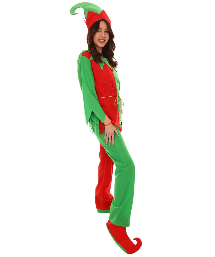 HPO Adult Women's Ladies' Elf Xmas Costume | Red And Green Halloween Costume