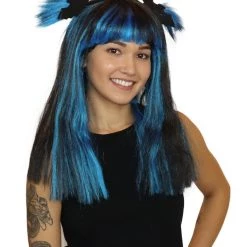 HPO Bat Black And Blue Wig | Medium Bob Cosplay Halloween Wig | Premium Breathable Capless Cap Women's