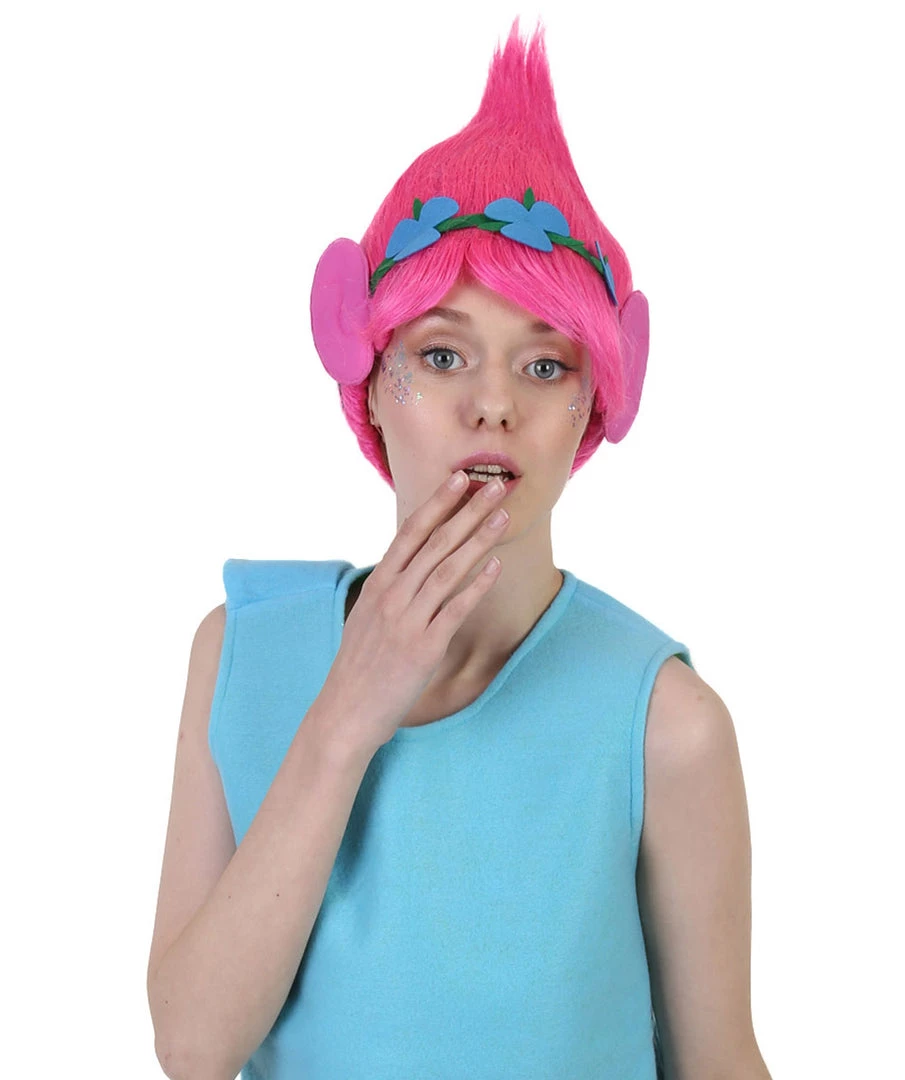 BC Women's Poppy Trolls With Ears Wig | Pink Cosplay Halloween Wig | Premium Breathable Capless Cap