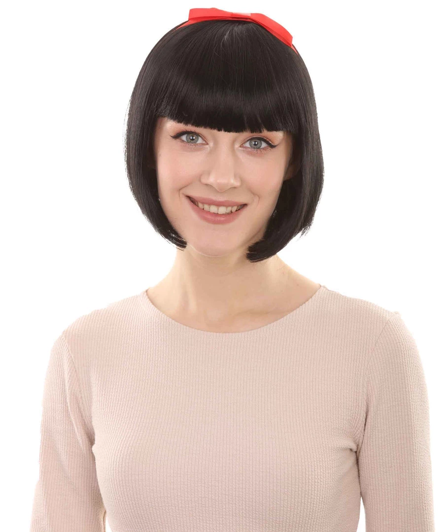 HPO Snow Princess Womens Wig | Black Bob Halloween Wig With Ribbon | Premium Breathable Capless Cap