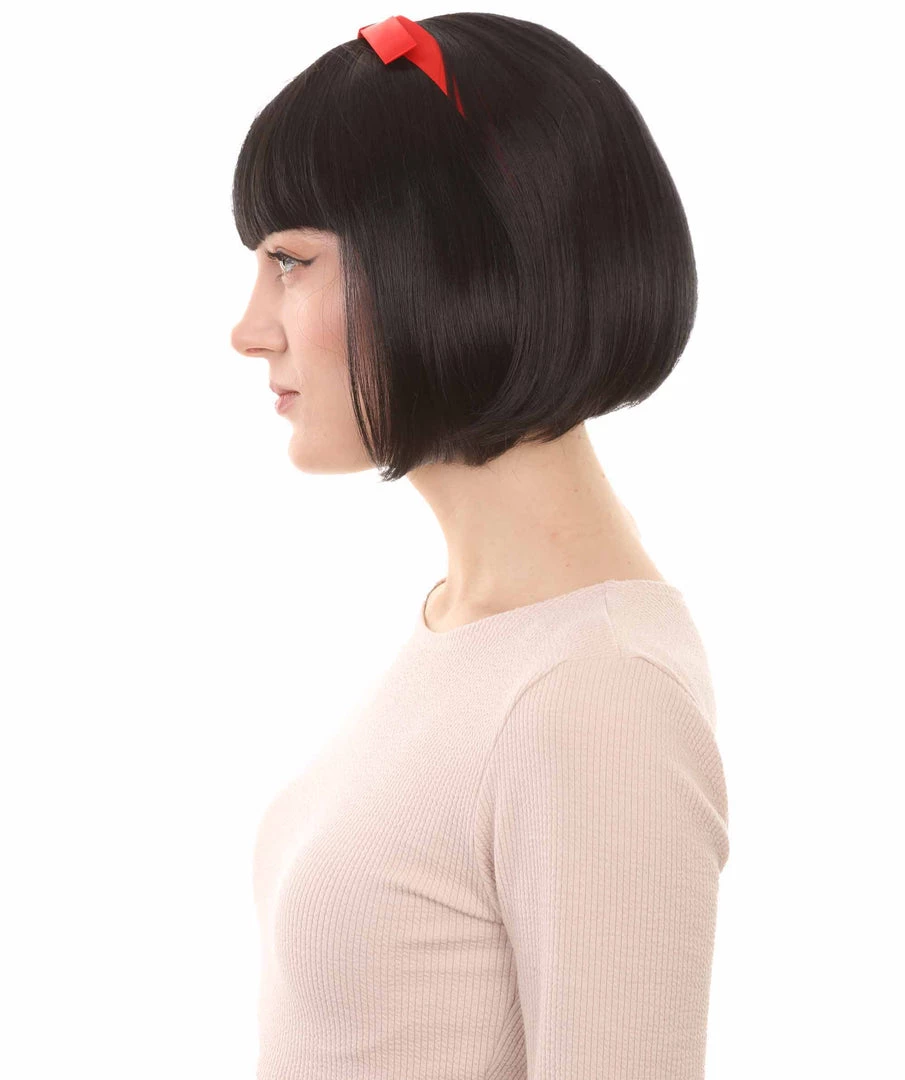 HPO Snow Princess Womens Wig | Black Bob Halloween Wig With Ribbon | Premium Breathable Capless Cap
