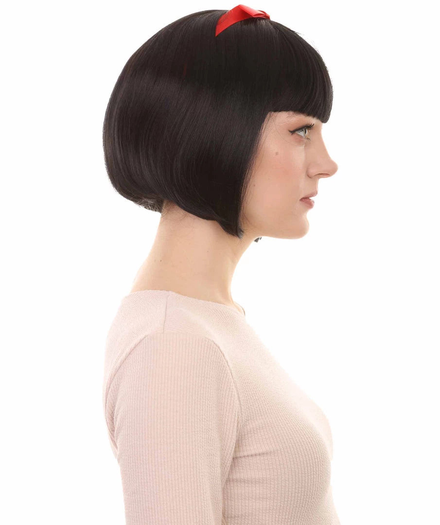 HPO Snow Princess Womens Wig | Black Bob Halloween Wig With Ribbon | Premium Breathable Capless Cap