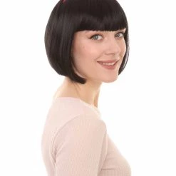 HPO Snow Princess Womens Wig | Black Bob Halloween Wig With Ribbon | Premium Breathable Capless Cap
