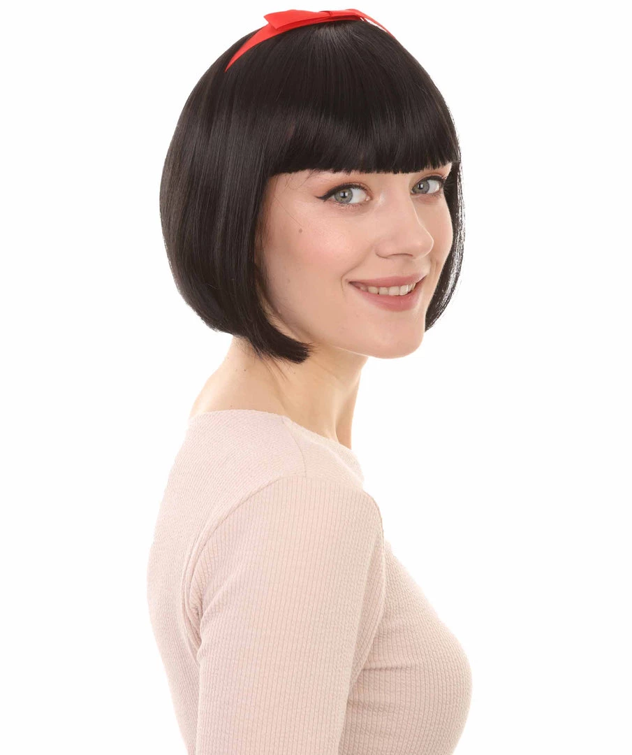 HPO Snow Princess Womens Wig | Black Bob Halloween Wig With Ribbon | Premium Breathable Capless Cap
