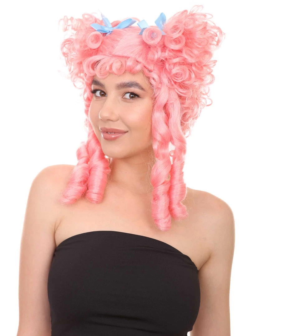 HPO Womens Colonial Lady With Blue Lece Wig | Pink Historical Wigs | Premium Breathable Capless Cap Women's
