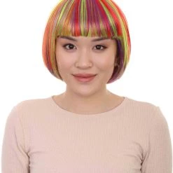 HPO Womens Rainbow Bob Wig | Colorful Party Ready Fancy Cosplay Halloween Wig | Premium Breathable Capless Cap Women's