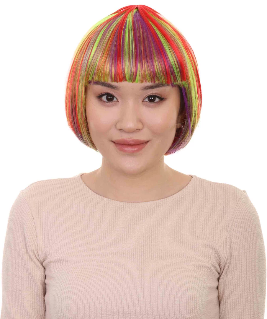 HPO Womens Rainbow Bob Wig | Colorful Party Ready Fancy Cosplay Halloween Wig | Premium Breathable Capless Cap Women's