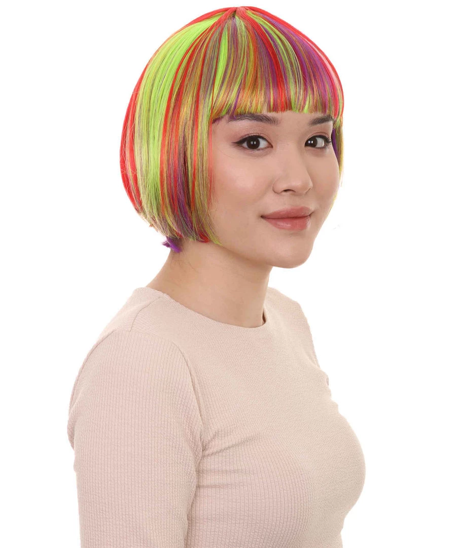HPO Womens Rainbow Bob Wig | Colorful Party Ready Fancy Cosplay Halloween Wig | Premium Breathable Capless Cap Women's