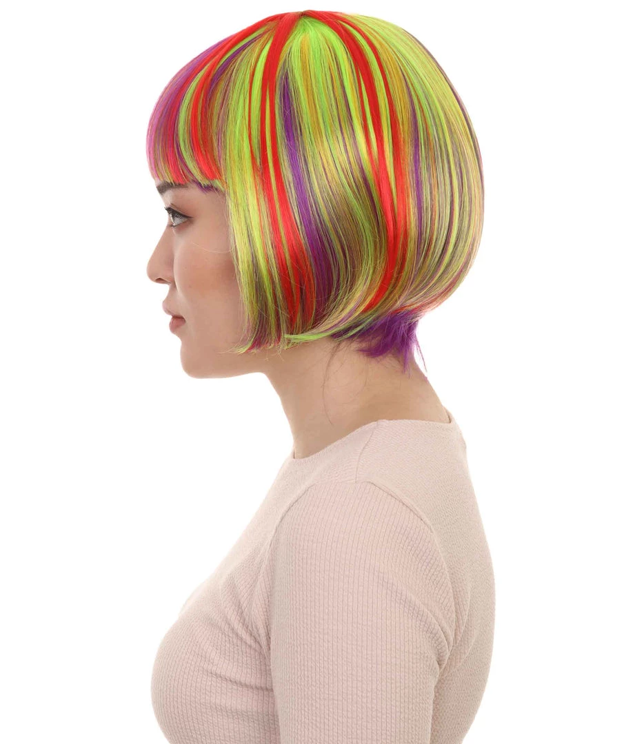 HPO Womens Rainbow Bob Wig | Colorful Party Ready Fancy Cosplay Halloween Wig | Premium Breathable Capless Cap Women's