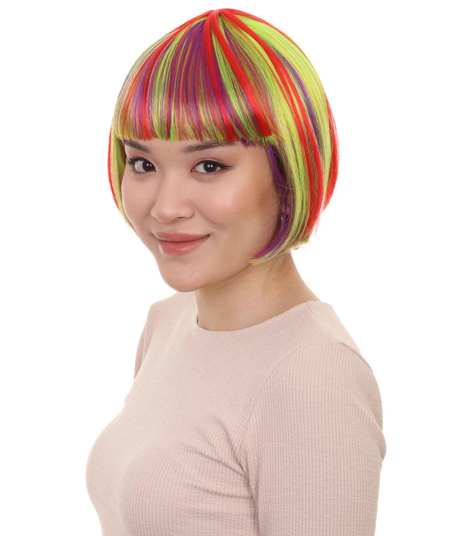 HPO Womens Rainbow Bob Wig | Colorful Party Ready Fancy Cosplay Halloween Wig | Premium Breathable Capless Cap Women's