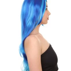 HPO Long Wavy Blue Womens Wig | Sexy Cosplay Party Halloween Wig | Premium Breathable Capless Cap Women's