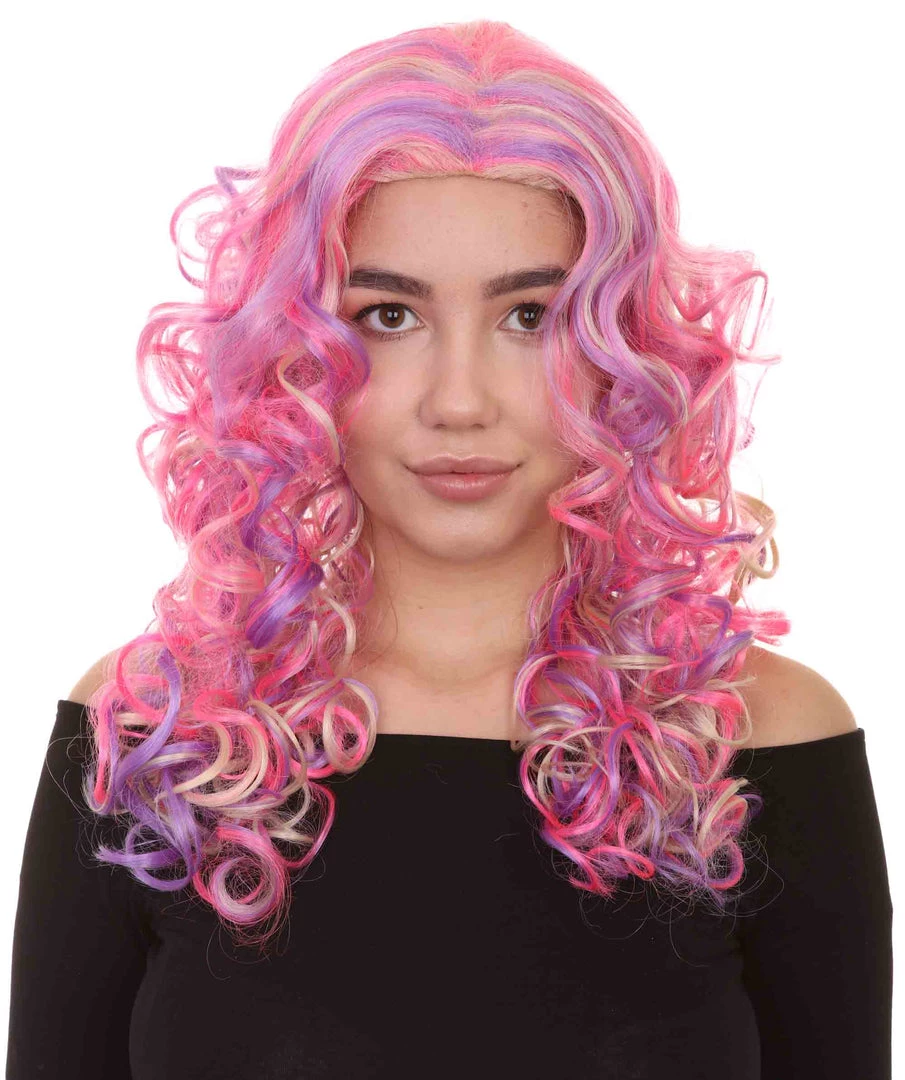 HPO Pink Mixed Party Girl Curly Womens Wig | Long Curly Fancy Cosplay Halloween Wig | Premium Breathable Capless Cap