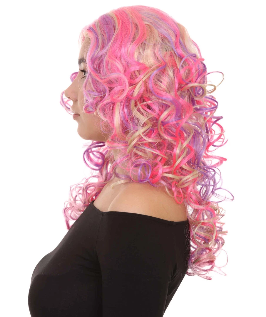 HPO Pink Mixed Party Girl Curly Womens Wig | Long Curly Fancy Cosplay Halloween Wig | Premium Breathable Capless Cap