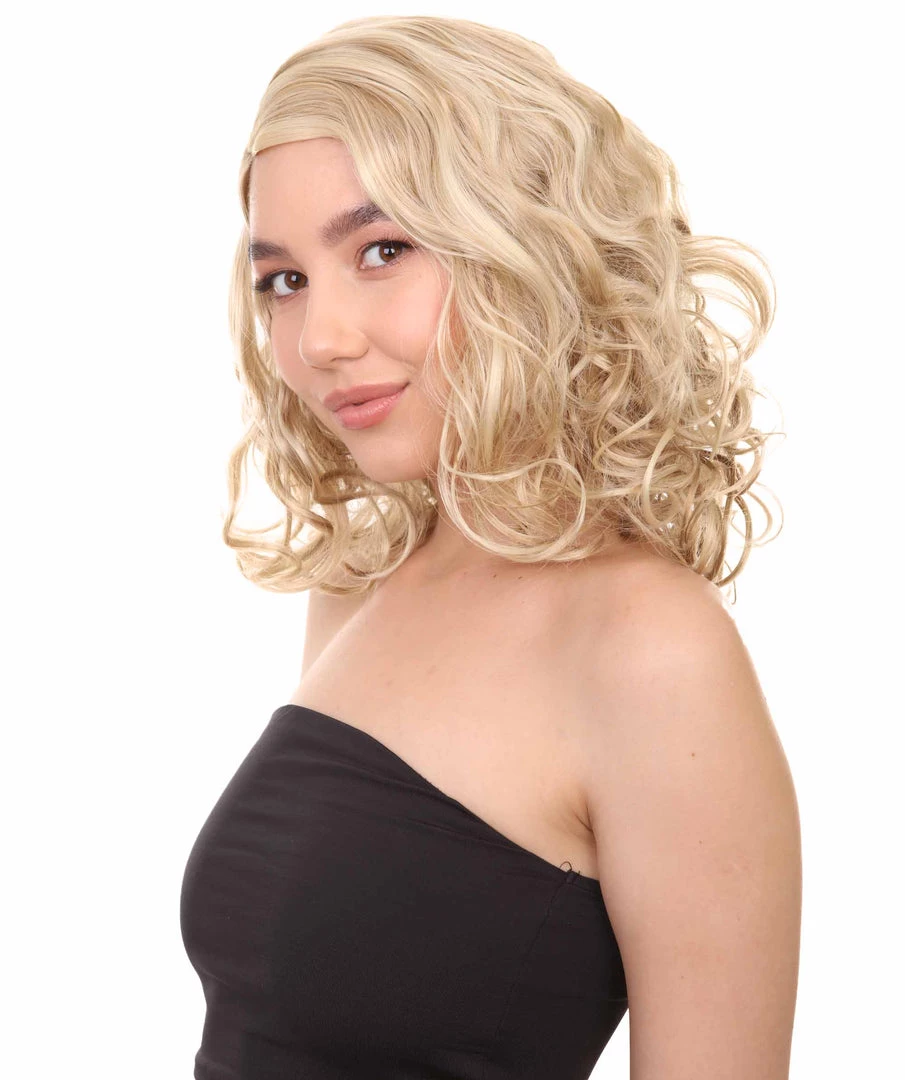 HPO Blonde Curly Womens Wig | Glomour Station Cosplay Halloween Wig | Premium Breathable Capless Cap