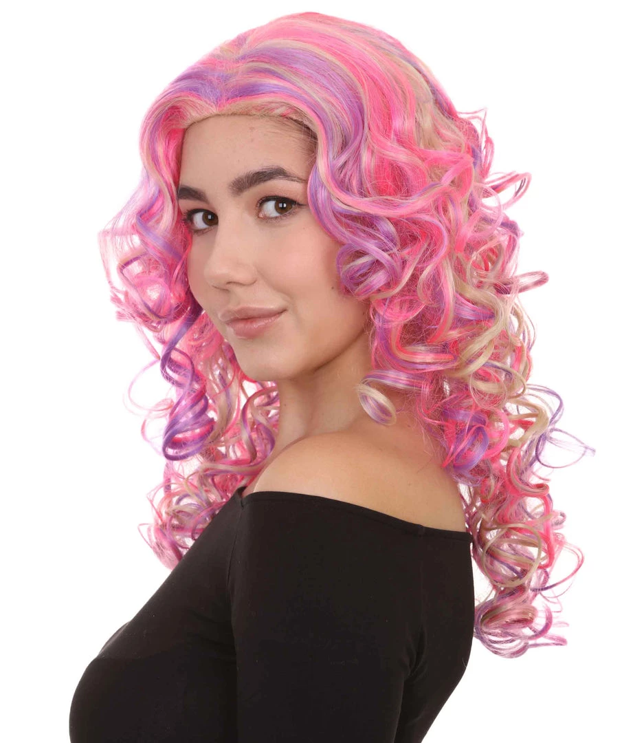 HPO Pink Mixed Party Girl Curly Womens Wig | Long Curly Fancy Cosplay Halloween Wig | Premium Breathable Capless Cap