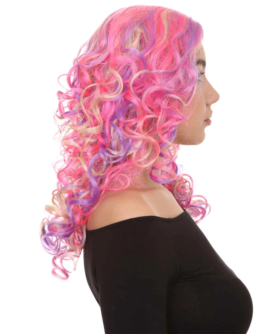 HPO Pink Mixed Party Girl Curly Womens Wig | Long Curly Fancy Cosplay Halloween Wig | Premium Breathable Capless Cap