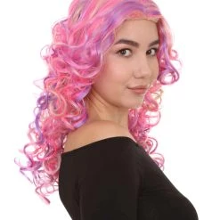 HPO Pink Mixed Party Girl Curly Womens Wig | Long Curly Fancy Cosplay Halloween Wig | Premium Breathable Capless Cap