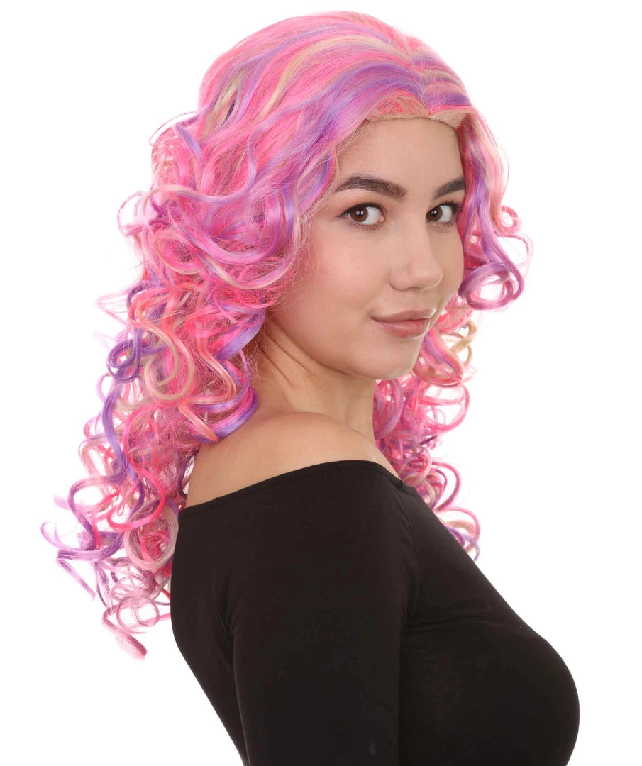 HPO Pink Mixed Party Girl Curly Womens Wig | Long Curly Fancy Cosplay Halloween Wig | Premium Breathable Capless Cap